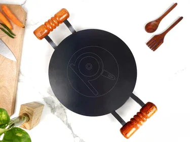 Dosa Tawa - Round - (Dhandavalakal) - Paper Roast Tawa - Wooden Handle . Flat.